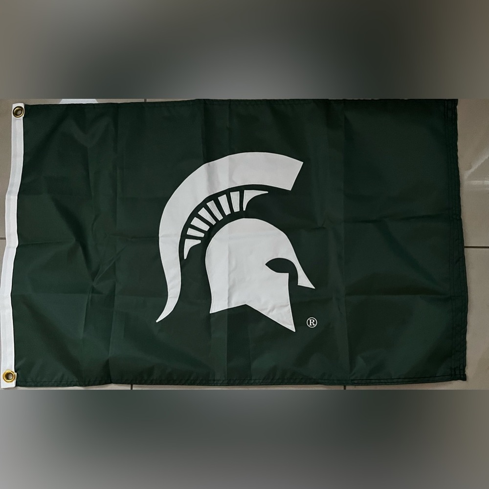 Michigan State University Green Flag With White Spartan Head